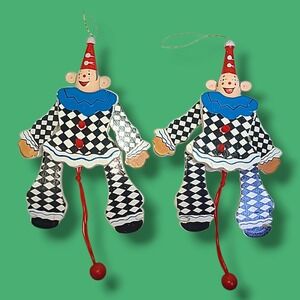 Set of 2 Harlequin Clown Ornaments Wood Jointed Pull String Vintage Style 6"